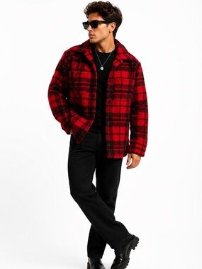 OLD NAVY Cozy Red & Black Plaid Sherpa Jacket | Size M/L